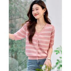 圓領冰絲針織衫女2025新款寬松短袖t恤薄款小香風上衣條紋打底衫