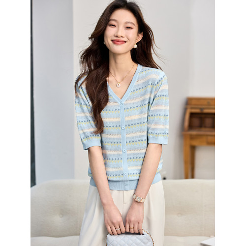 圓領冰絲針織衫女2025新款寬松短袖t恤薄款小香風上衣條紋打底衫