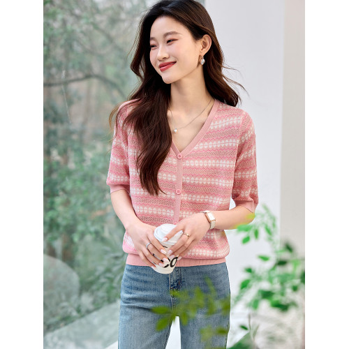 圓領冰絲針織衫女2025新款寬松短袖t恤薄款小香風上衣條紋打底衫