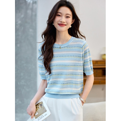 圓領冰絲針織衫女2025新款寬松短袖t恤薄款小香風上衣條紋打底衫