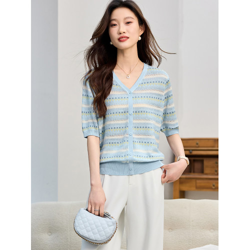 圓領冰絲針織衫女2025新款寬松短袖t恤薄款小香風上衣條紋打底衫