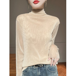 黑色高領打底衫女春夏薄款內搭亮片堆堆領針織衫微透內透網紗上衣