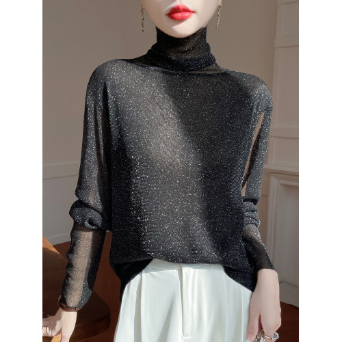 黑色高領打底衫女春夏薄款內搭亮片堆堆領針織衫微透內透網紗上衣