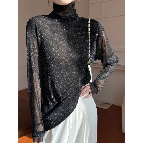 黑色高領打底衫女春夏薄款內搭亮片堆堆領針織衫微透內透網紗上衣