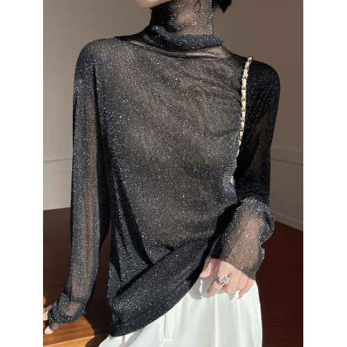 黑色高領打底衫女春夏薄款內搭亮片堆堆領針織衫微透內透網紗上衣