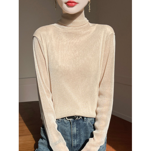 黑色高領打底衫女春夏薄款內搭亮片堆堆領針織衫微透內透網紗上衣