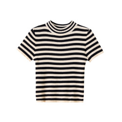 半高領短袖針織衫2025春季新款女裝小個子短款上衣修身條紋打底衫