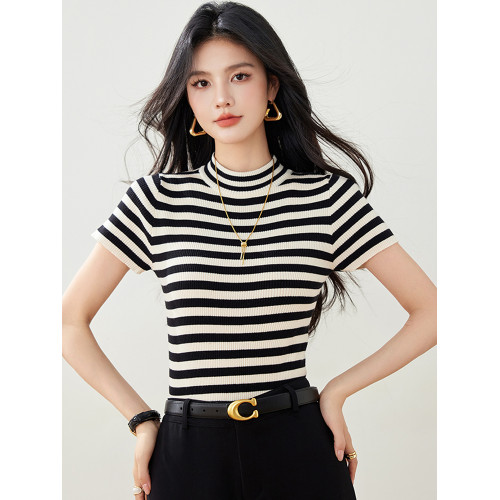 半高領短袖針織衫2025春季新款女裝小個子短款上衣修身條紋打底衫