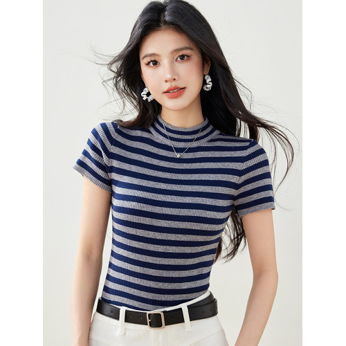 半高領短袖針織衫2025春季新款女裝小個子短款上衣修身條紋打底衫