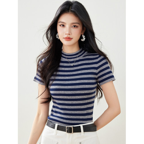 半高領短袖針織衫2025春季新款女裝小個子短款上衣修身條紋打底衫