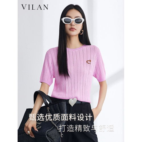 vilan/慧蘭短袖針織衫女2025夏季新款時尚氣質顯瘦圓領打底衫上衣