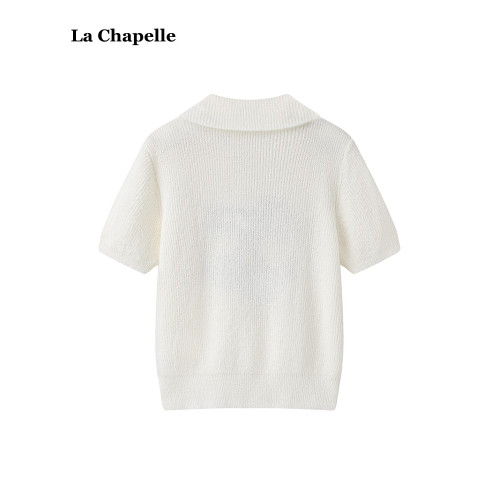 拉夏貝爾/La Chapelle慵懶寬松刺綉針織衫女春夏款短袖打底衫上衣
