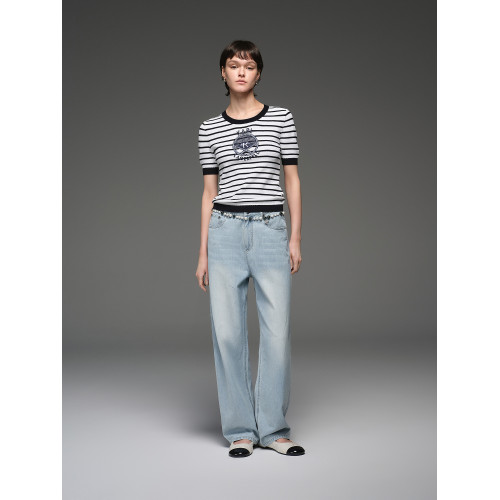 KARL LAGERFELD條紋撞色針織打底衫2025夏季新款米白色上衣老彿爺