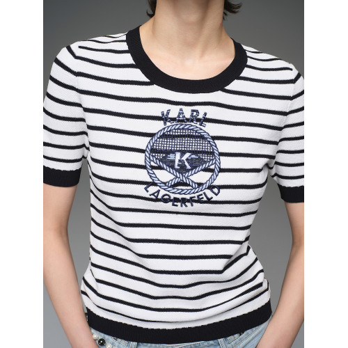 KARL LAGERFELD條紋撞色針織打底衫2025夏季新款米白色上衣老彿爺