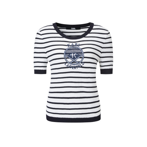 KARL LAGERFELD條紋撞色針織打底衫2025夏季新款米白色上衣老彿爺