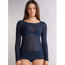 Intimissimi女10%羊絨莫代爾羅紋長袖一字領性感超輕打底衫CL176G