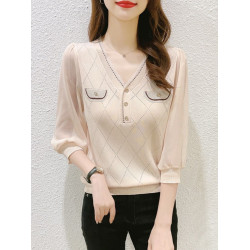 早秋小香風中袖七分袖上衣女2023初秋新款v領打底衫冰絲針織衫薄