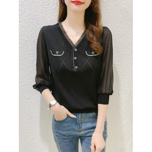 早秋小香風中袖七分袖上衣女2023初秋新款v領打底衫冰絲針織衫薄