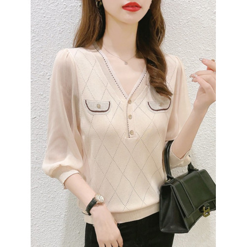 早秋小香風中袖七分袖上衣女2023初秋新款v領打底衫冰絲針織衫薄