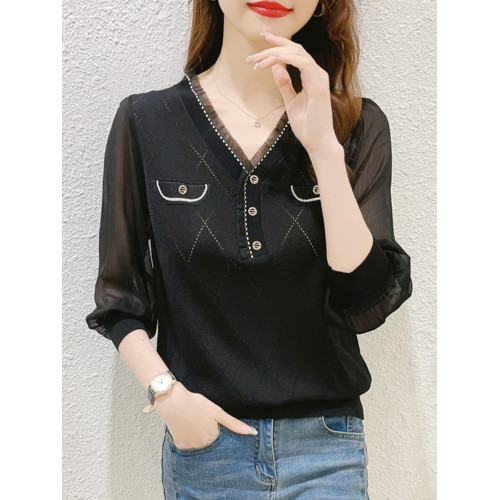 早秋小香風中袖七分袖上衣女2023初秋新款v領打底衫冰絲針織衫薄