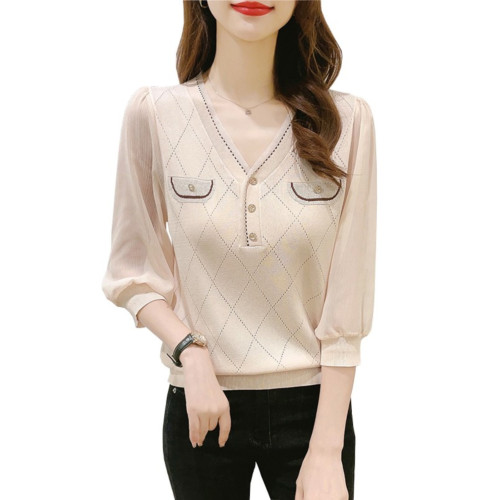 早秋小香風中袖七分袖上衣女2023初秋新款v領打底衫冰絲針織衫薄