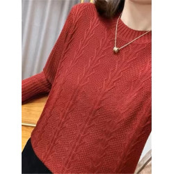 春秋裝內搭圓領提花純色棉線針織衫女復古寬松長袖薄款打底衫毛衣