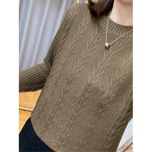 春秋裝內搭圓領提花純色棉線針織衫女復古寬松長袖薄款打底衫毛衣