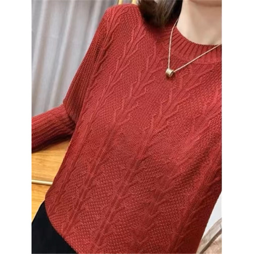 春秋裝內搭圓領提花純色棉線針織衫女復古寬松長袖薄款打底衫毛衣