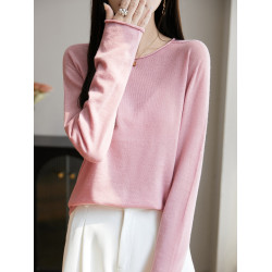 春夏圓領卷邊超薄微透精紡羊毛針織打底衫寬松長袖上衣時尚防曬衫