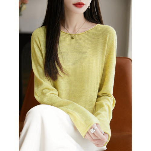 春夏圓領卷邊超薄微透精紡羊毛針織打底衫寬松長袖上衣時尚防曬衫