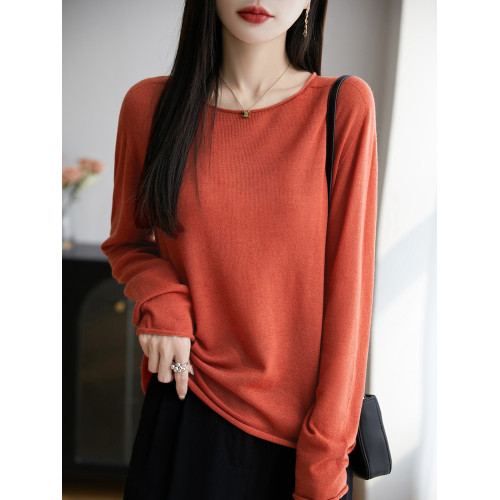 春夏圓領卷邊超薄微透精紡羊毛針織打底衫寬松長袖上衣時尚防曬衫