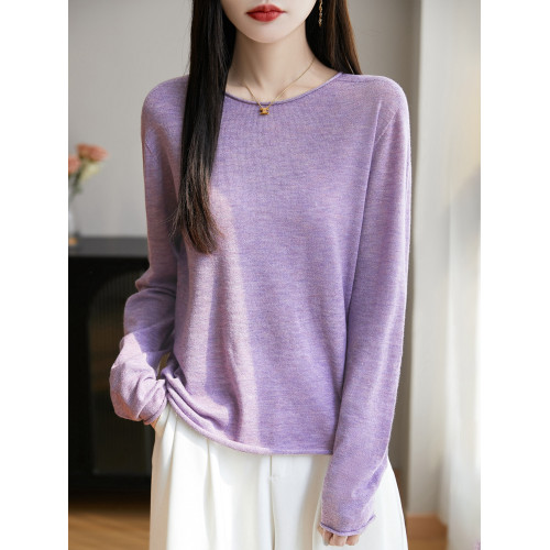 春夏圓領卷邊超薄微透精紡羊毛針織打底衫寬松長袖上衣時尚防曬衫