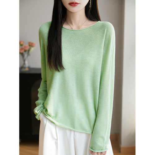 春夏圓領卷邊超薄微透精紡羊毛針織打底衫寬松長袖上衣時尚防曬衫