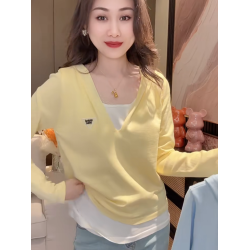 2025春秋假兩件長袖針織衫女韓系撞色連帽打底衫時尚拼接套頭上衣