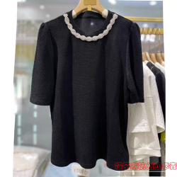 法式加大碼女裝醋酸鑲鑽顯瘦短袖針織上衣女夏季新款藏肉打底衫潮