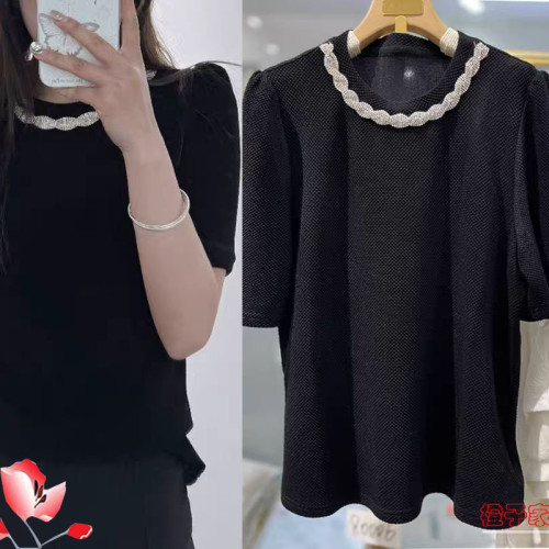 法式加大碼女裝醋酸鑲鑽顯瘦短袖針織上衣女夏季新款藏肉打底衫潮