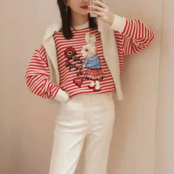 卓ya純元春款女裝新款兔子刺綉條紋針織衫打底衫毛衣女