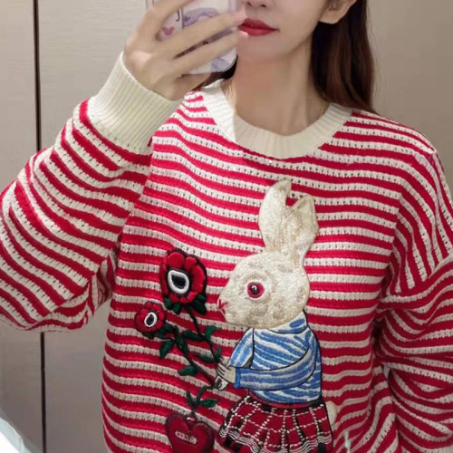 卓ya純元春款女裝新款兔子刺綉條紋針織衫打底衫毛衣女