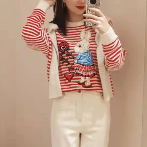 卓ya純元春款女裝新款兔子刺綉條紋針織衫打底衫毛衣女