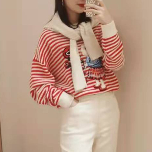 卓ya純元春款女裝新款兔子刺綉條紋針織衫打底衫毛衣女