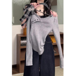 美式復古辣妹灰色一字領針織打底衫女春季修身內搭露肩chic小上衣