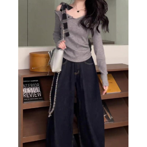 美式復古辣妹灰色一字領針織打底衫女春季修身內搭露肩chic小上衣