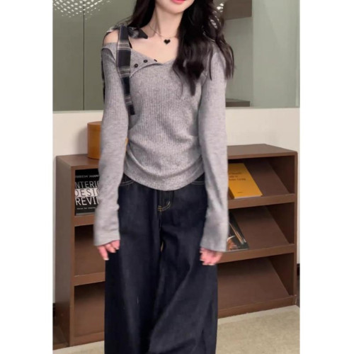 美式復古辣妹灰色一字領針織打底衫女春季修身內搭露肩chic小上衣