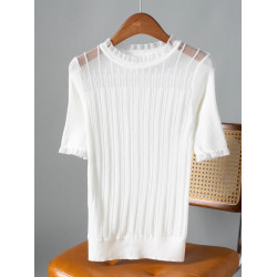 CandyCans 輕奢高級感坑條羊毛針織衫女歐根紗拼接透明打底衫上衣