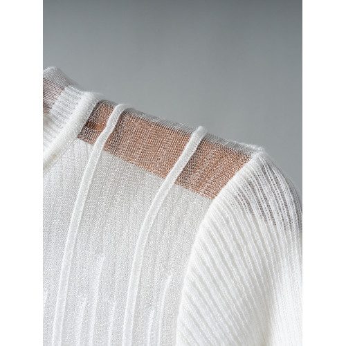 CandyCans 輕奢高級感坑條羊毛針織衫女歐根紗拼接透明打底衫上衣