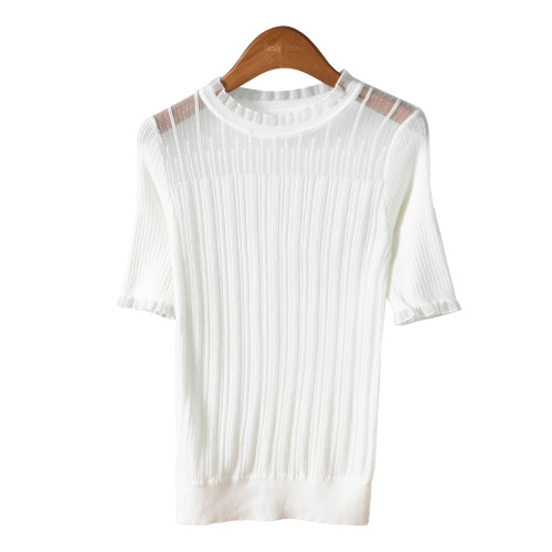 CandyCans 輕奢高級感坑條羊毛針織衫女歐根紗拼接透明打底衫上衣