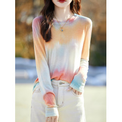 春夏圓領水溶精紡羊毛印花長袖體恤女休閒套頭薄款針織打底衫上衣