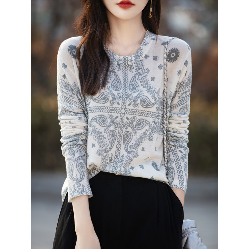 春夏圓領水溶精紡羊毛印花長袖體恤女休閒套頭薄款針織打底衫上衣