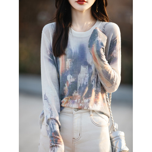 春夏圓領水溶精紡羊毛印花長袖體恤女休閒套頭薄款針織打底衫上衣