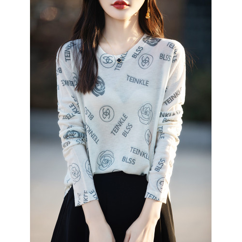 春夏圓領水溶精紡羊毛印花長袖體恤女休閒套頭薄款針織打底衫上衣